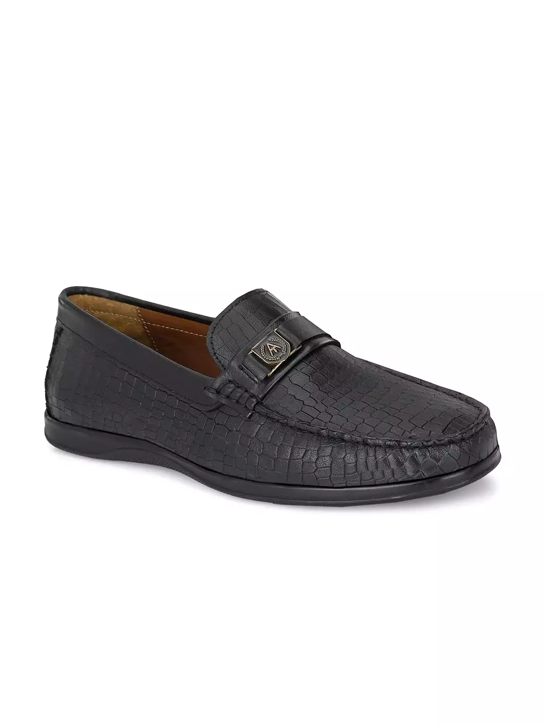 Alberto Torresi Genuine Leather Black Textured Loafers For Men