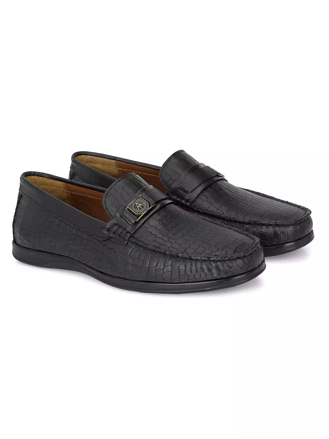 Alberto Torresi Genuine Leather Black Textured Loafers For Men