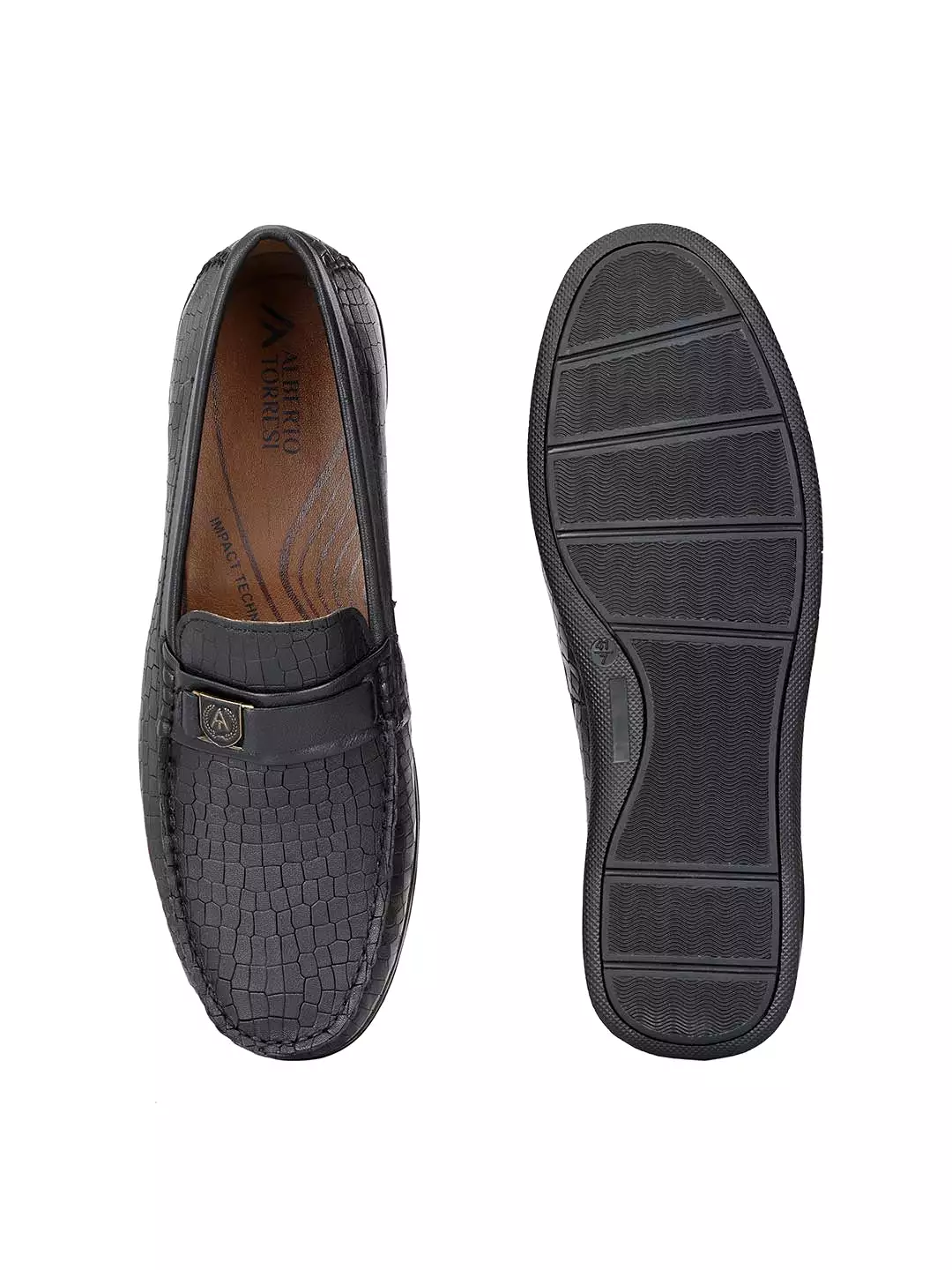 Alberto Torresi Genuine Leather Black Textured Loafers For Men