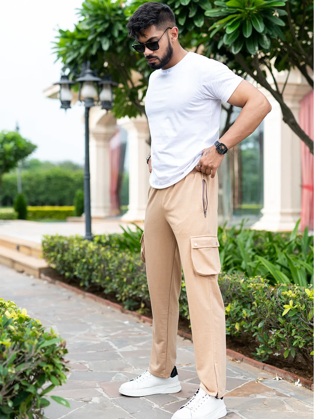 Beige Boot Cut Straight Fit Track Pants