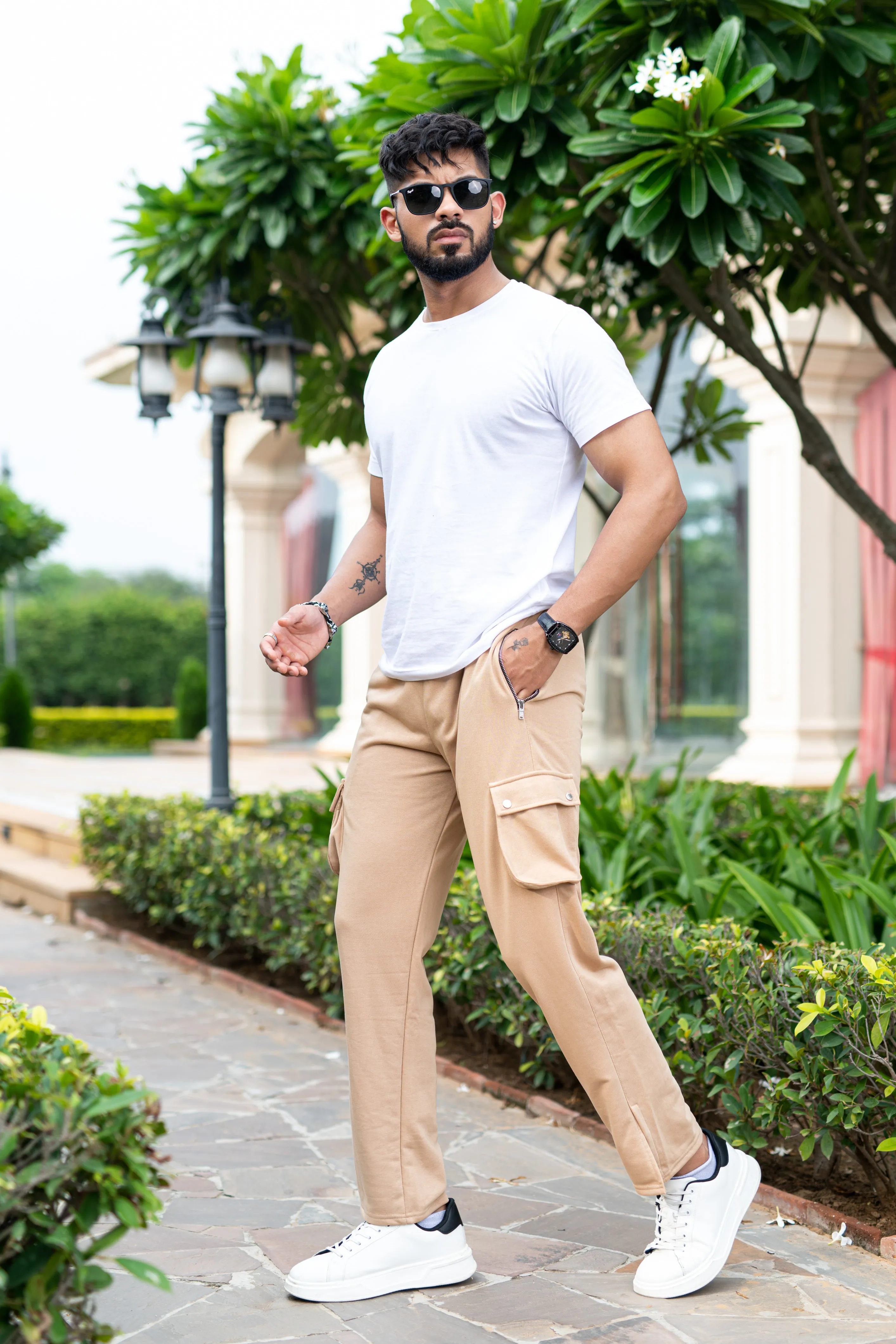 Beige Boot Cut Straight Fit Track Pants