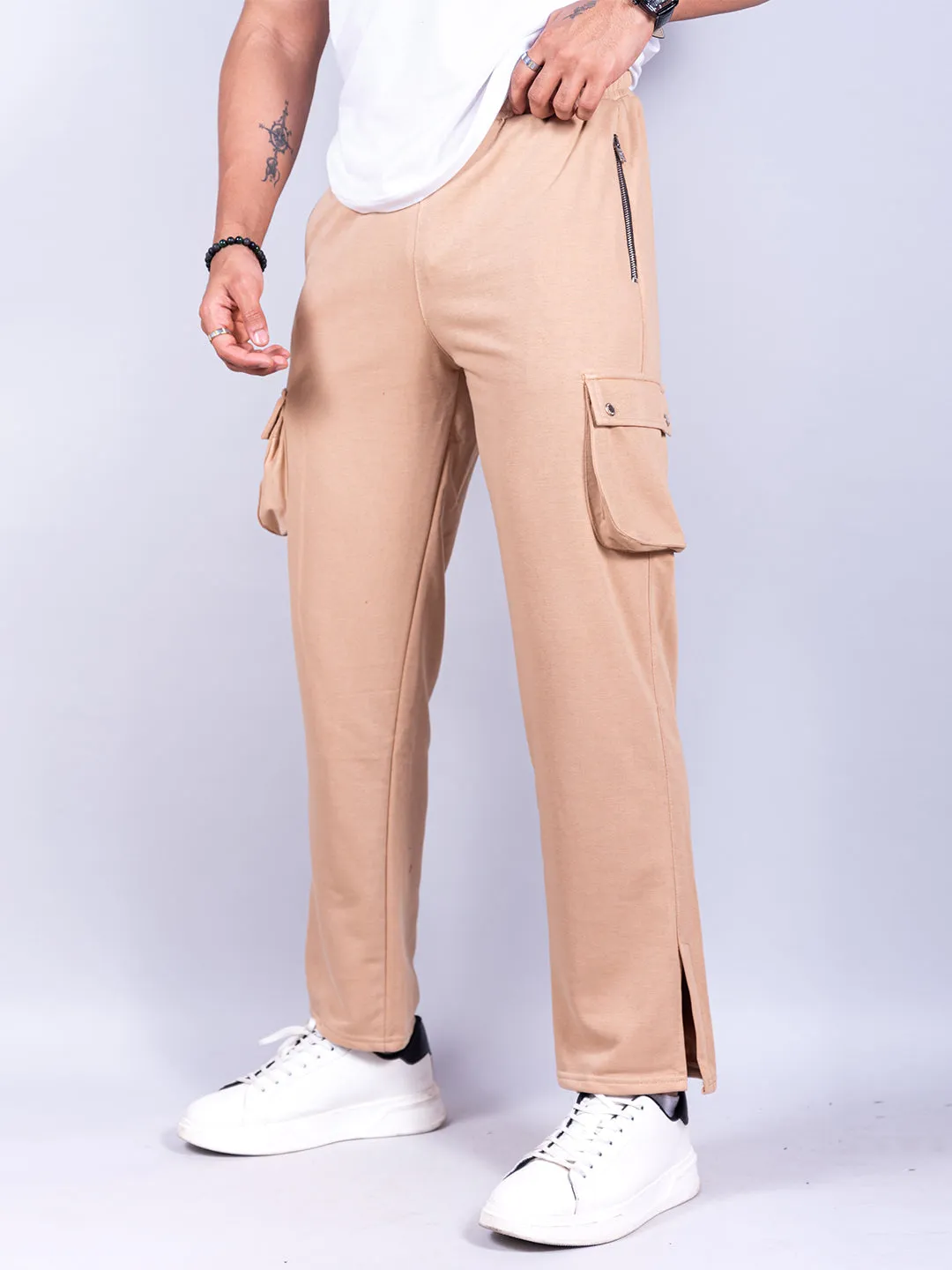 Beige Boot Cut Straight Fit Track Pants