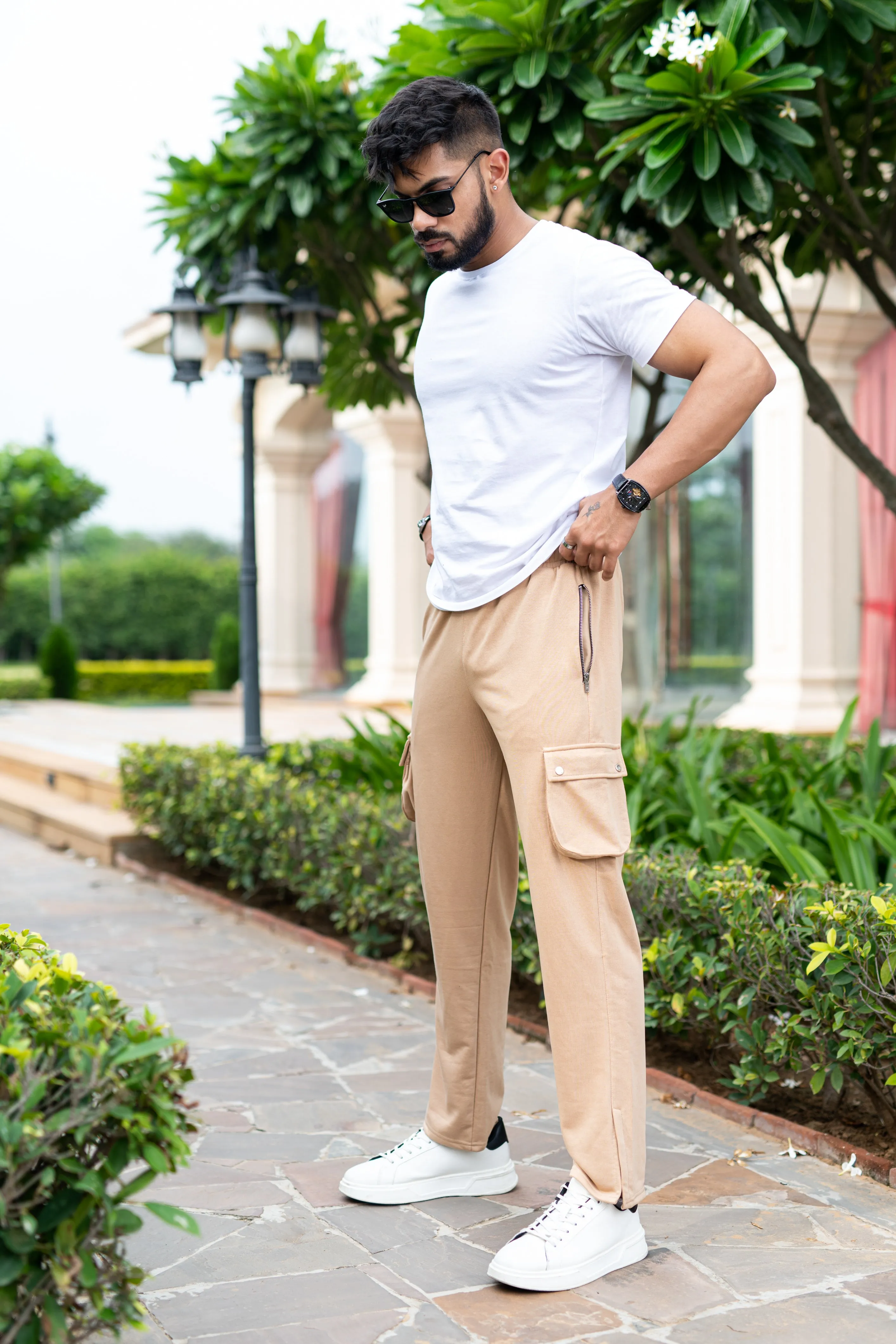 Beige Boot Cut Straight Fit Track Pants