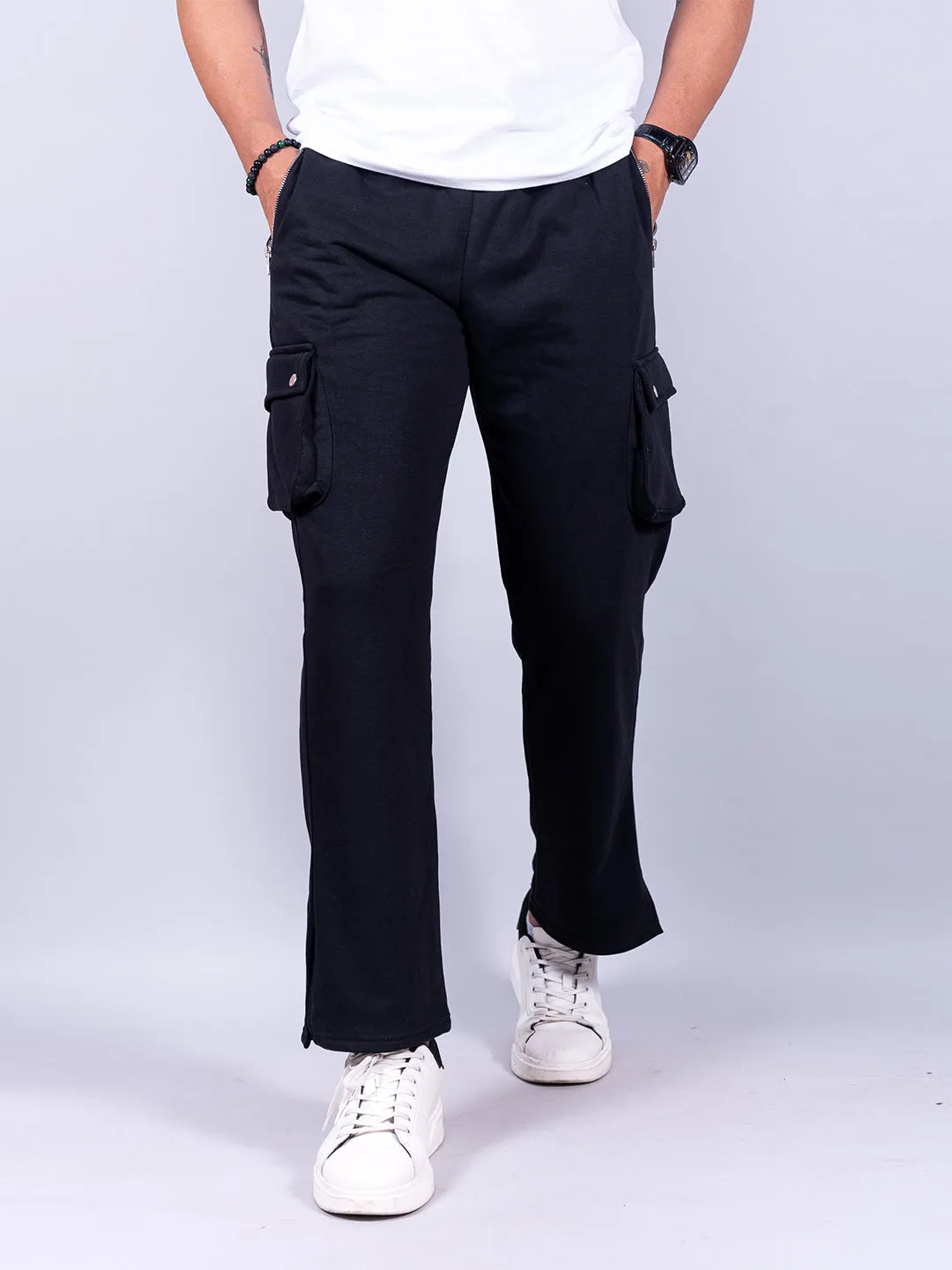 Black Boot Cut Straight Cargo Joggers