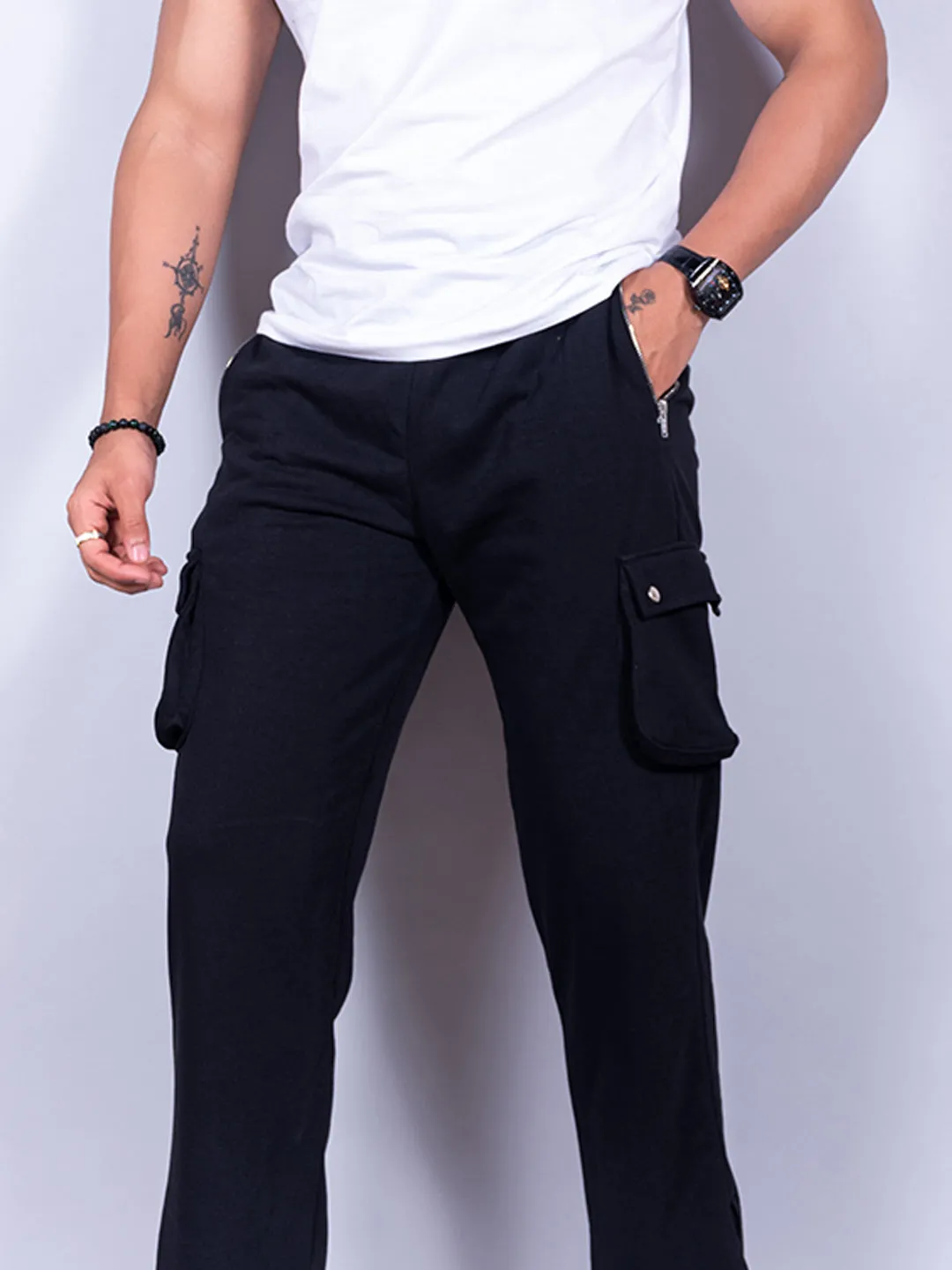 Black Boot Cut Straight Cargo Joggers