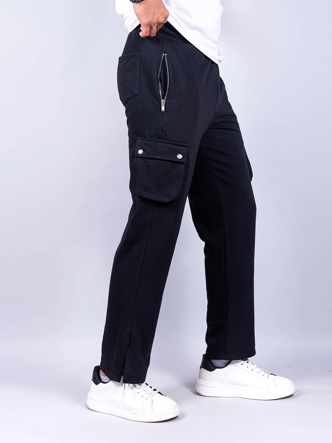 Black Boot Cut Straight Cargo Joggers