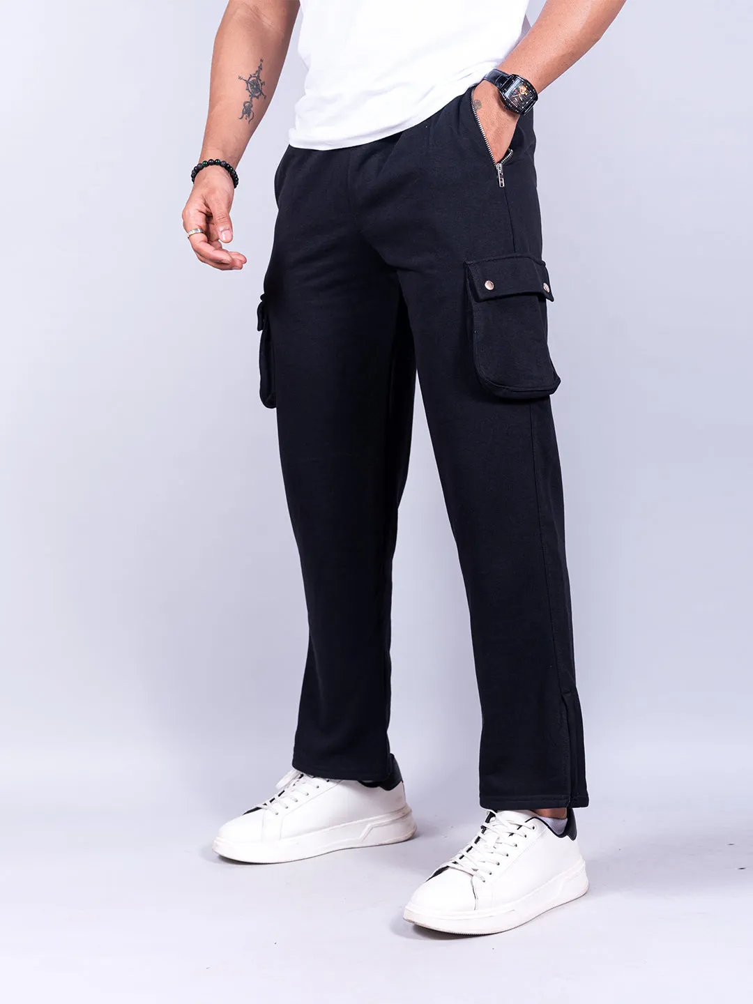 Black Boot Cut Straight Cargo Joggers