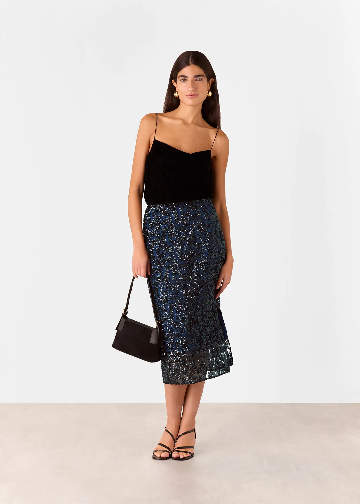 Black Floral Sequin Midi Skirt