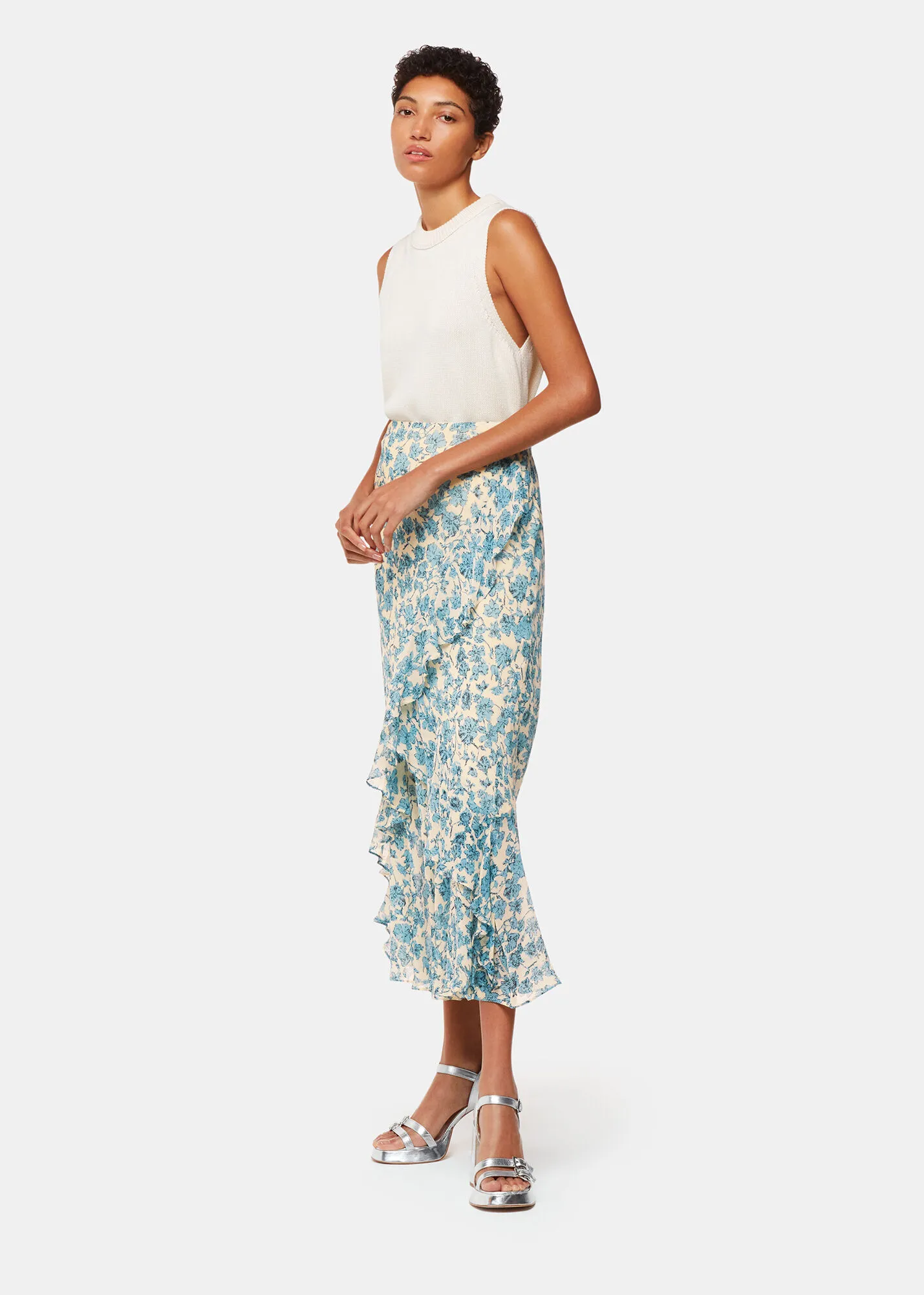 Blue Shaded Floral Midi Skirt