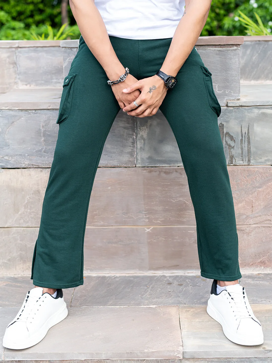 Bottle Green Boot Cut Straight Cargo Track Pants