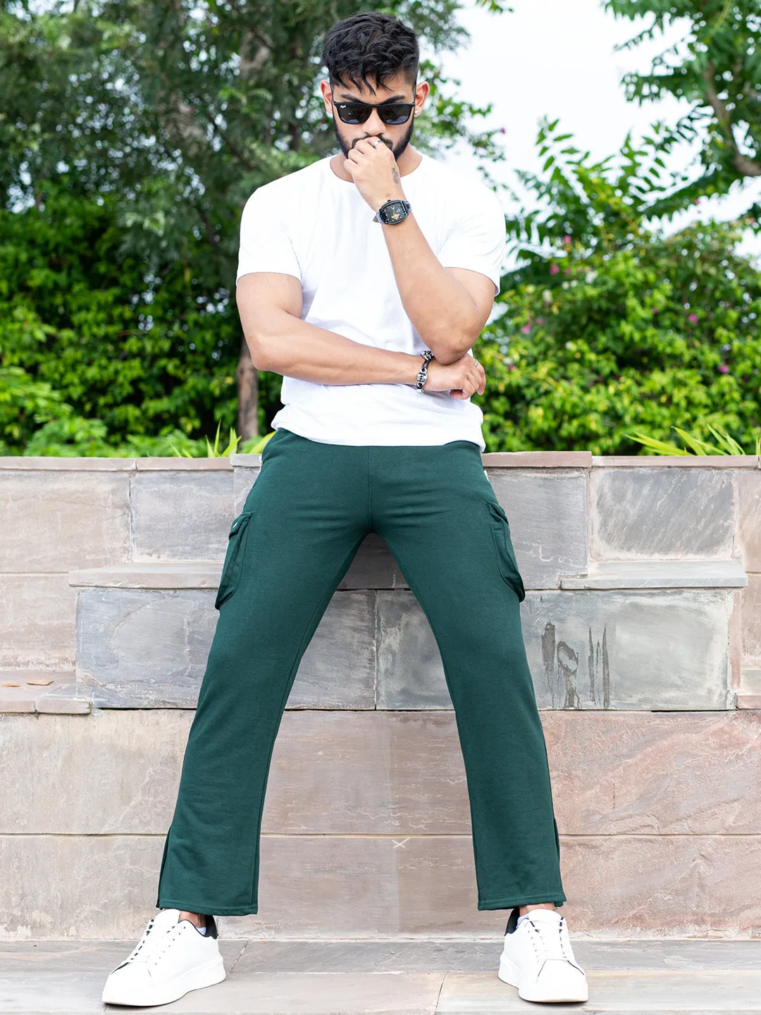 Bottle Green Boot Cut Straight Cargo Track Pants