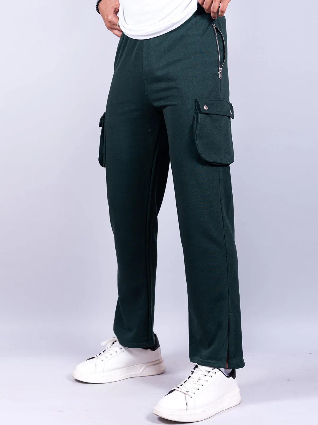 Bottle Green Boot Cut Straight Cargo Track Pants