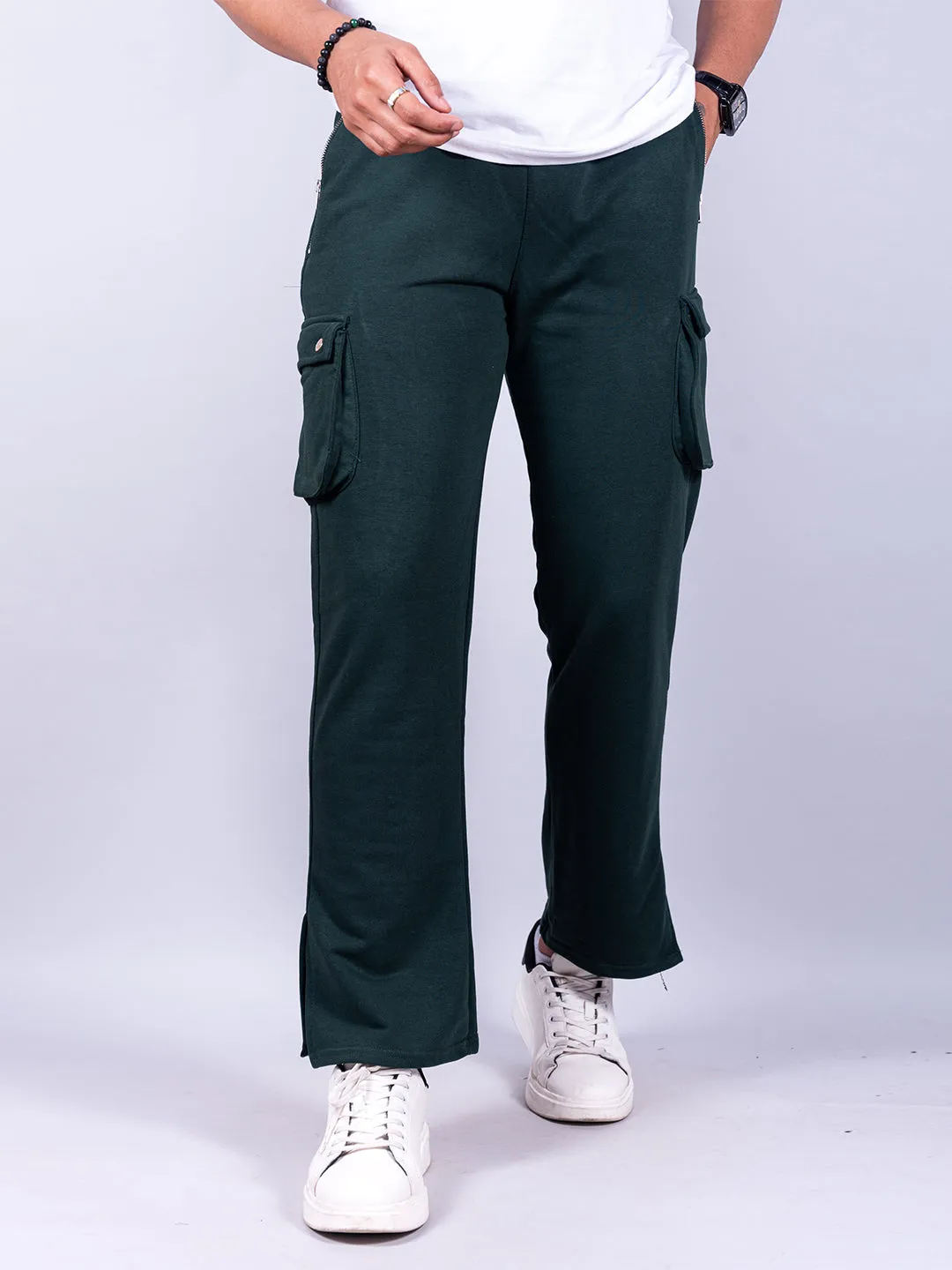 Bottle Green Boot Cut Straight Cargo Track Pants