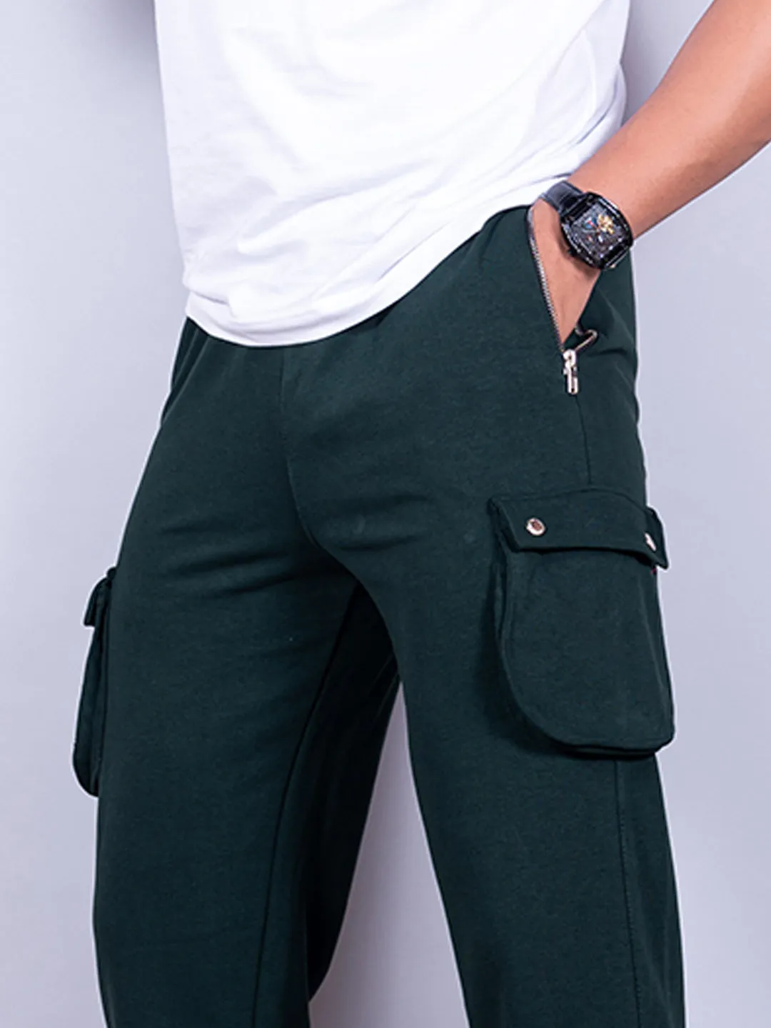 Bottle Green Boot Cut Straight Cargo Track Pants