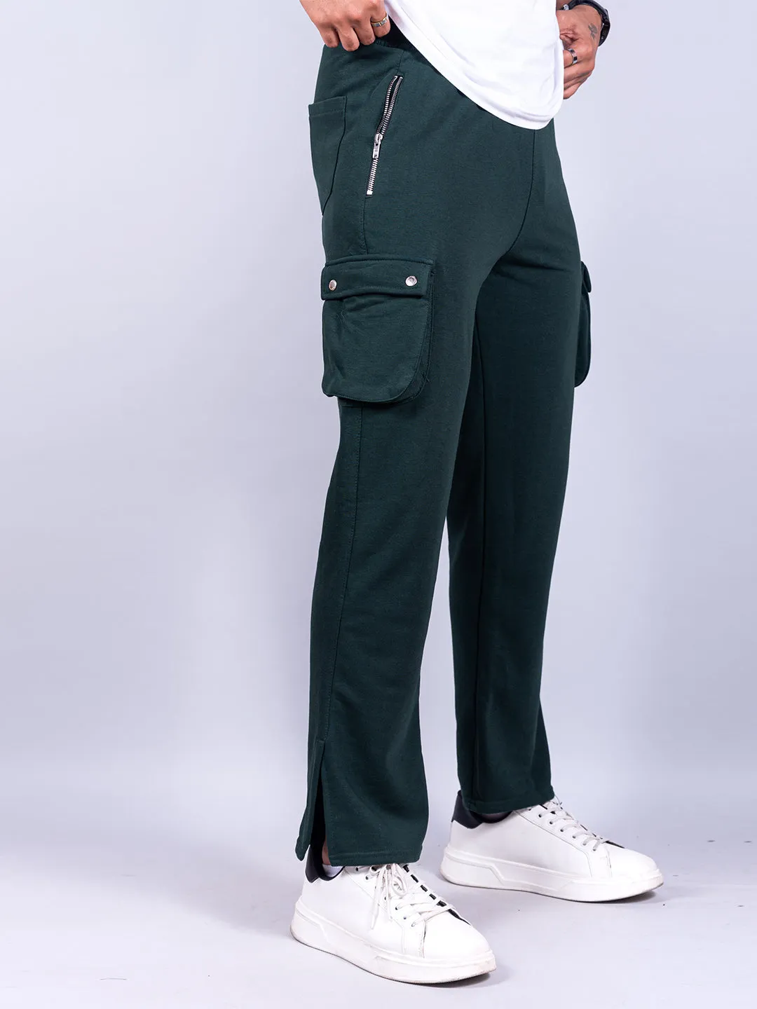 Bottle Green Boot Cut Straight Cargo Track Pants