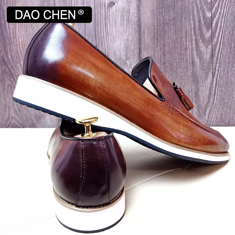 BROWN SLIP ON MAN SHOE TASSELS WEAVE DRESS SHOES WEDDING OFFICE GENUINE LEATHER LOAFERS FOR MEN