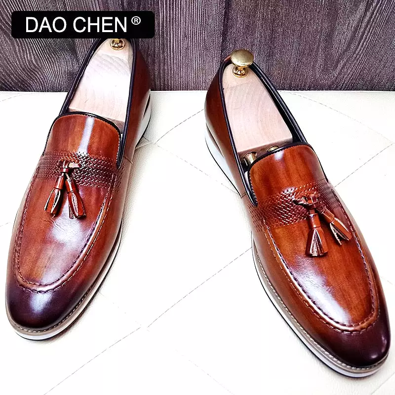 BROWN SLIP ON MAN SHOE TASSELS WEAVE DRESS SHOES WEDDING OFFICE GENUINE LEATHER LOAFERS FOR MEN