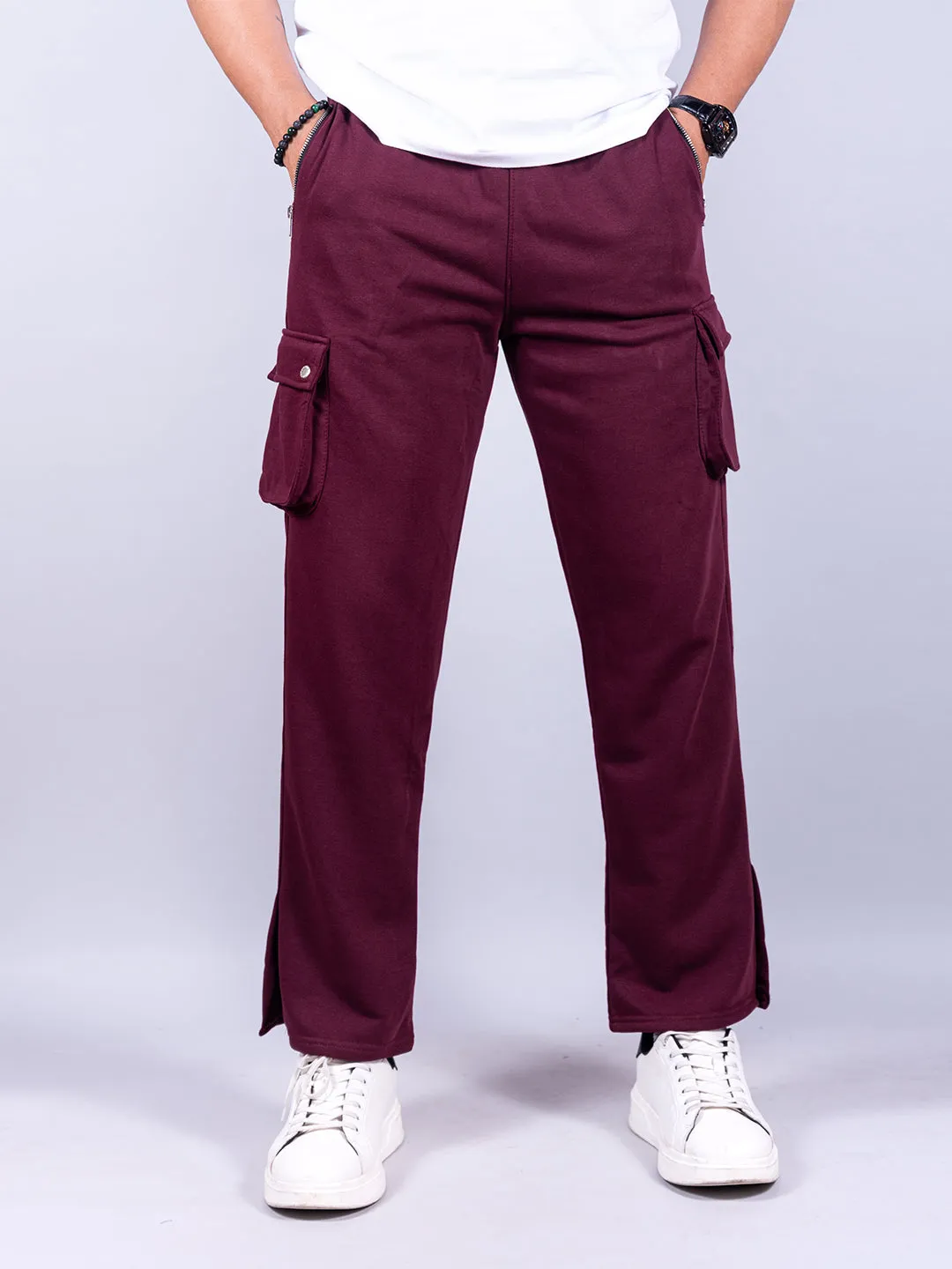 Burgundy Boot Cut Cargo Track Pants