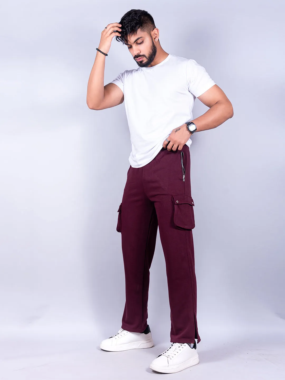 Burgundy Boot Cut Cargo Track Pants