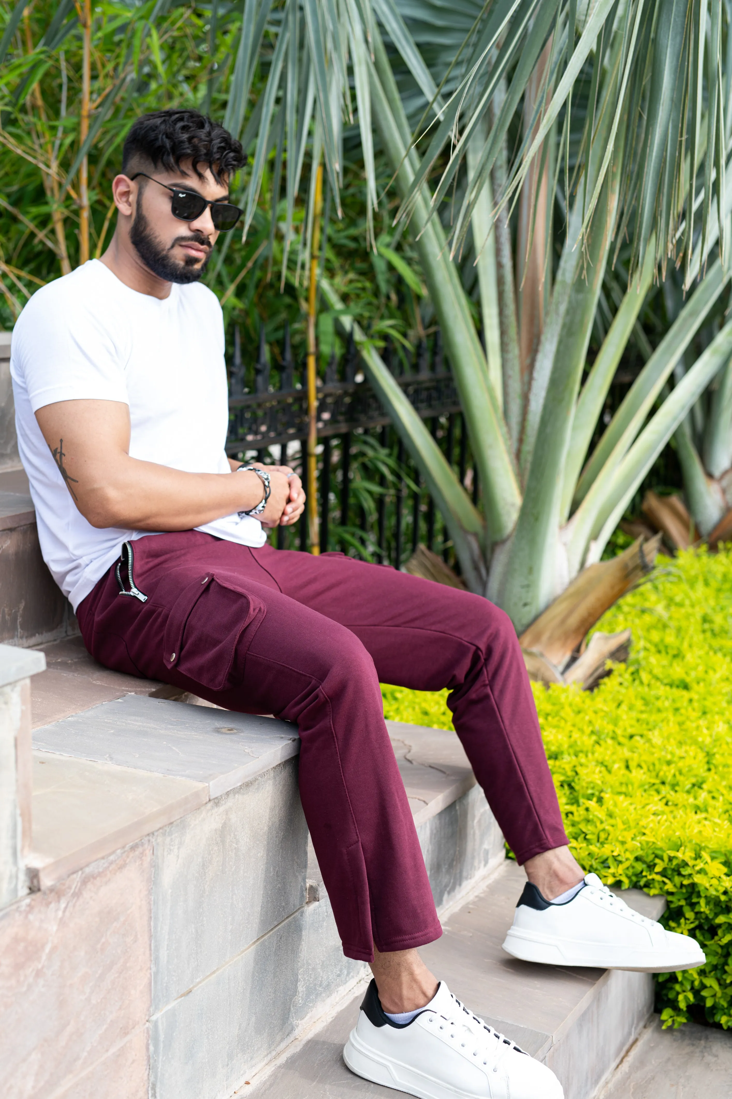 Burgundy Boot Cut Cargo Track Pants