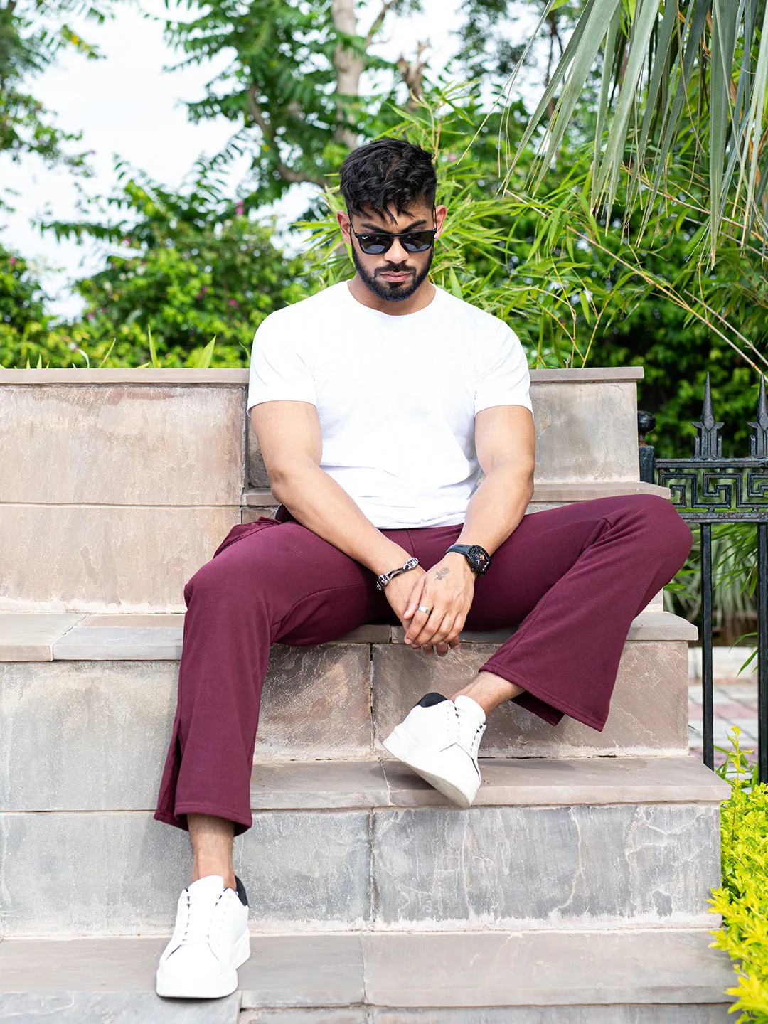 Burgundy Boot Cut Cargo Track Pants