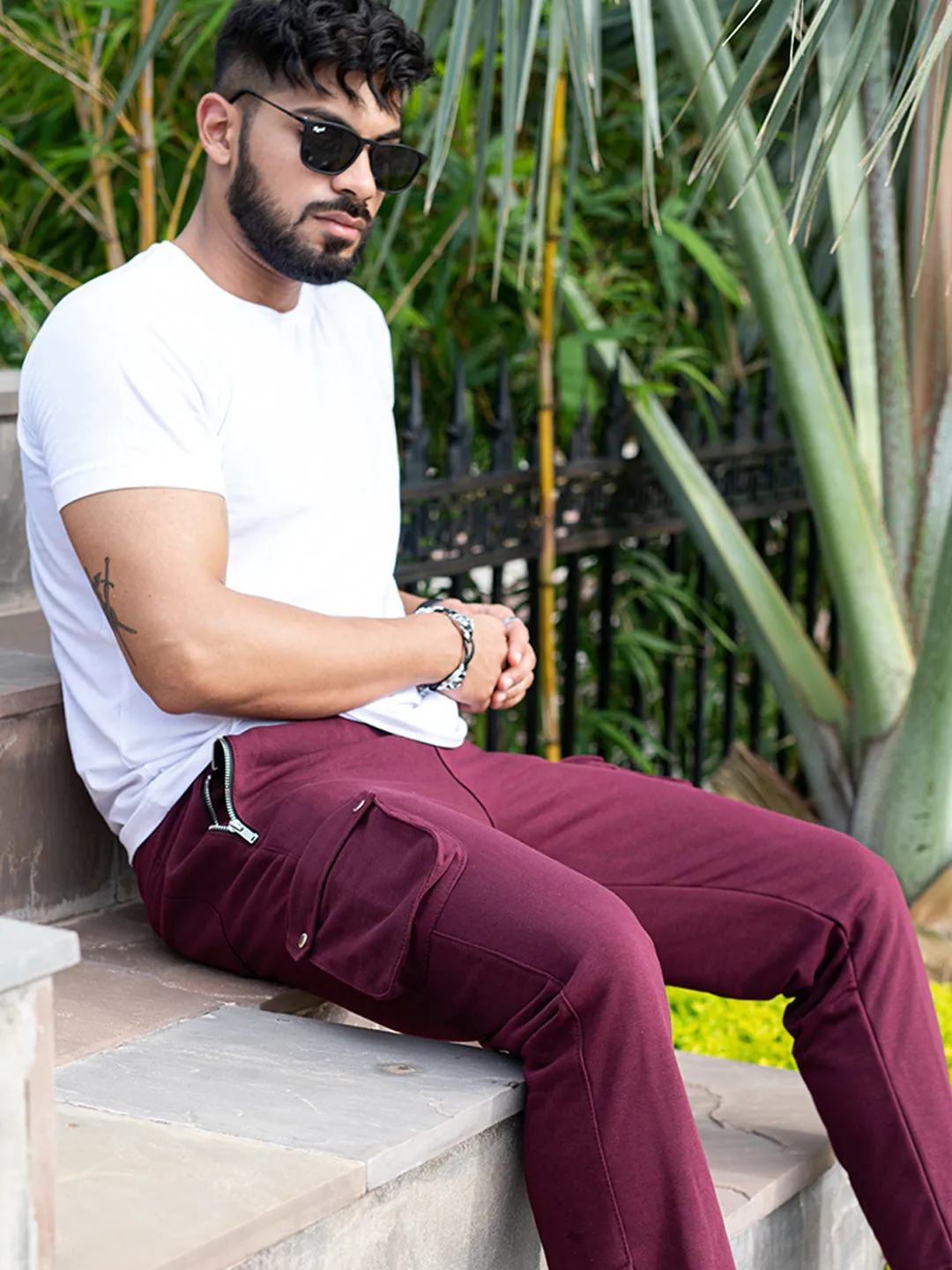 Burgundy Boot Cut Cargo Track Pants