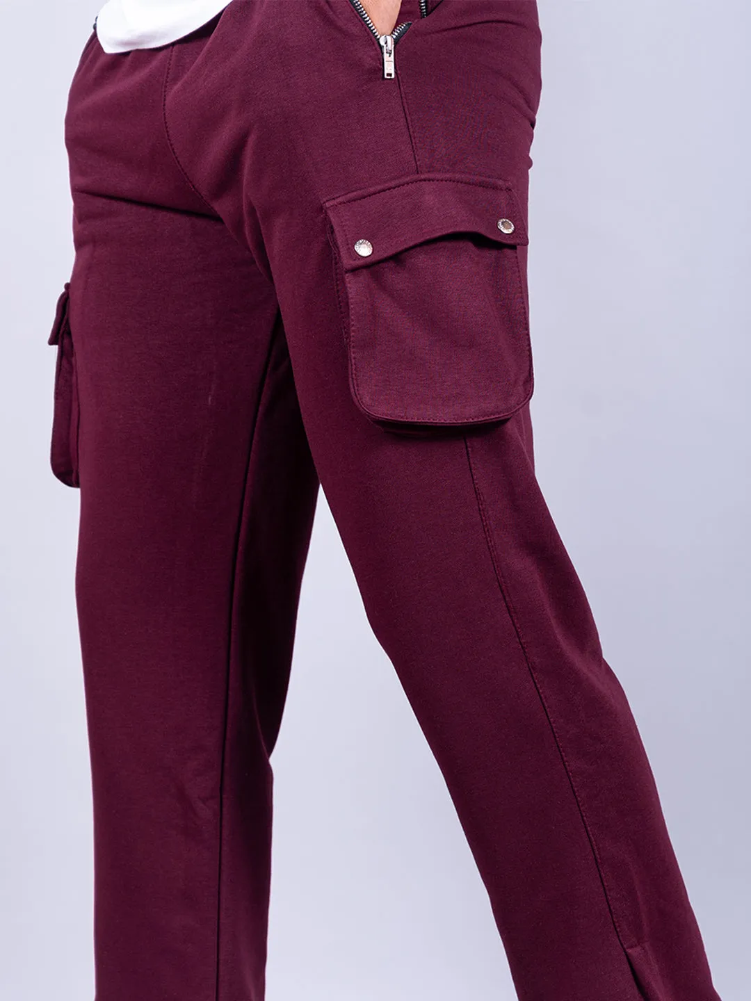 Burgundy Boot Cut Cargo Track Pants