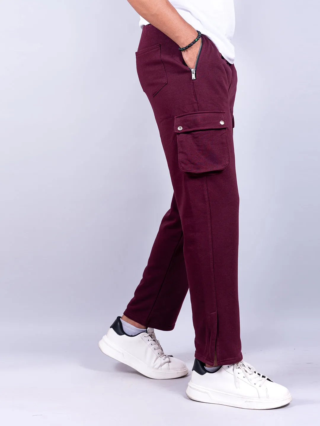 Burgundy Boot Cut Cargo Track Pants