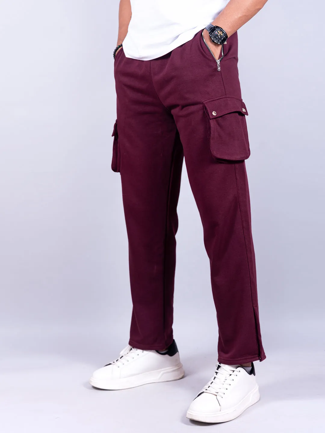 Burgundy Boot Cut Cargo Track Pants