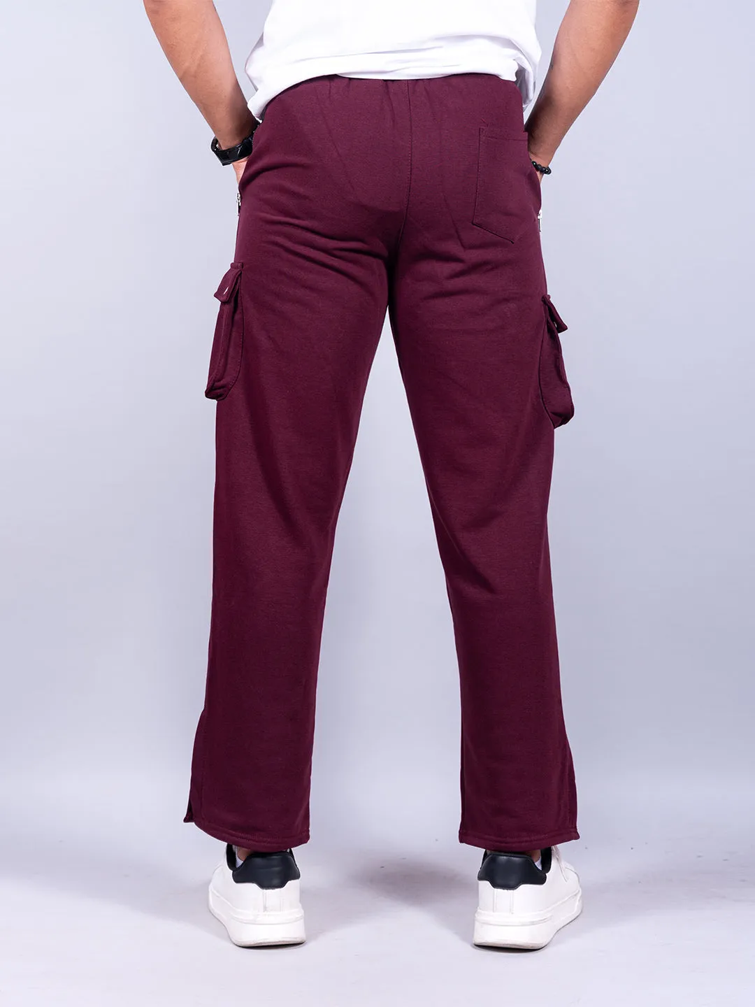 Burgundy Boot Cut Cargo Track Pants