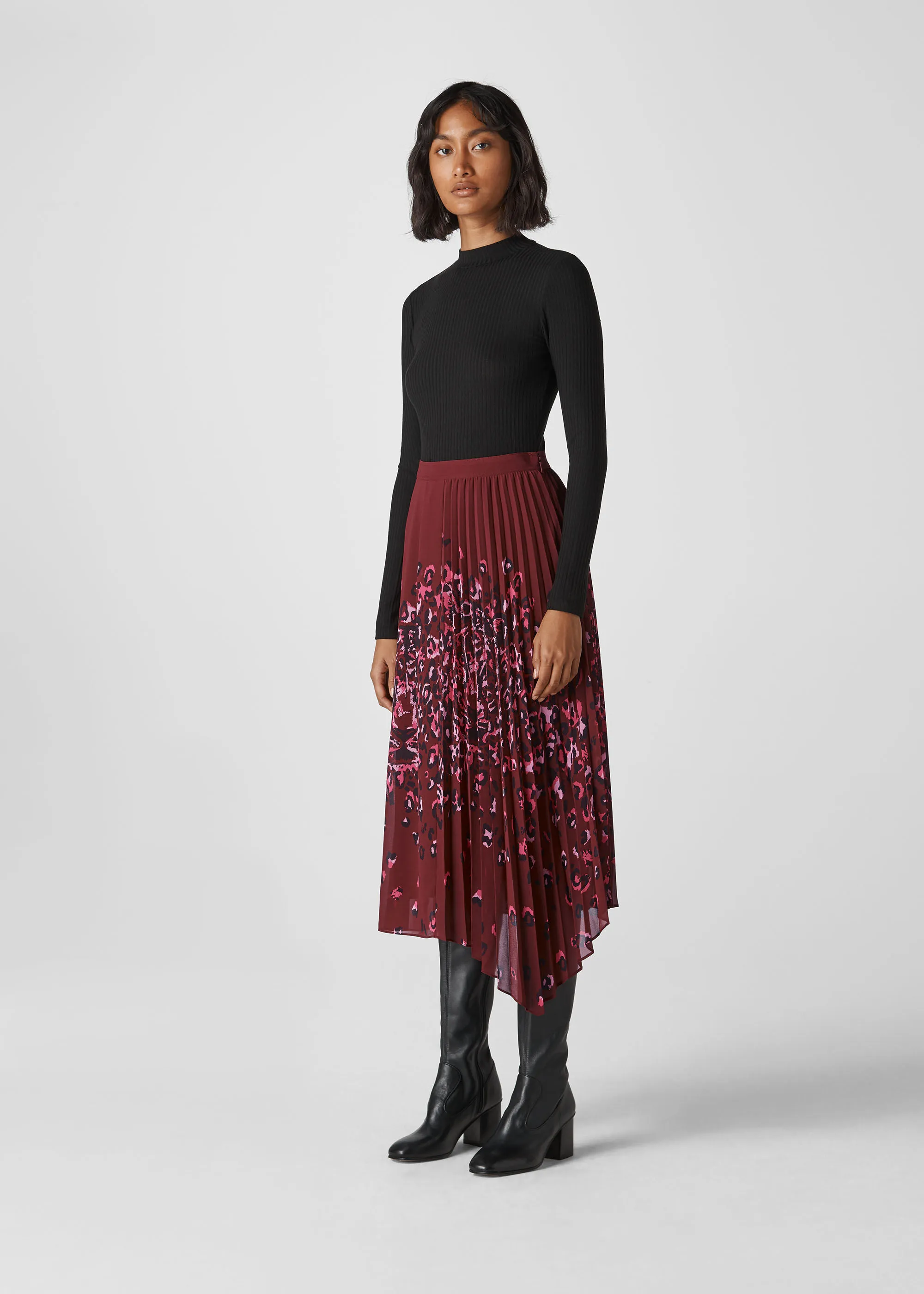 Burgundy Leo Print Pleated Skirt