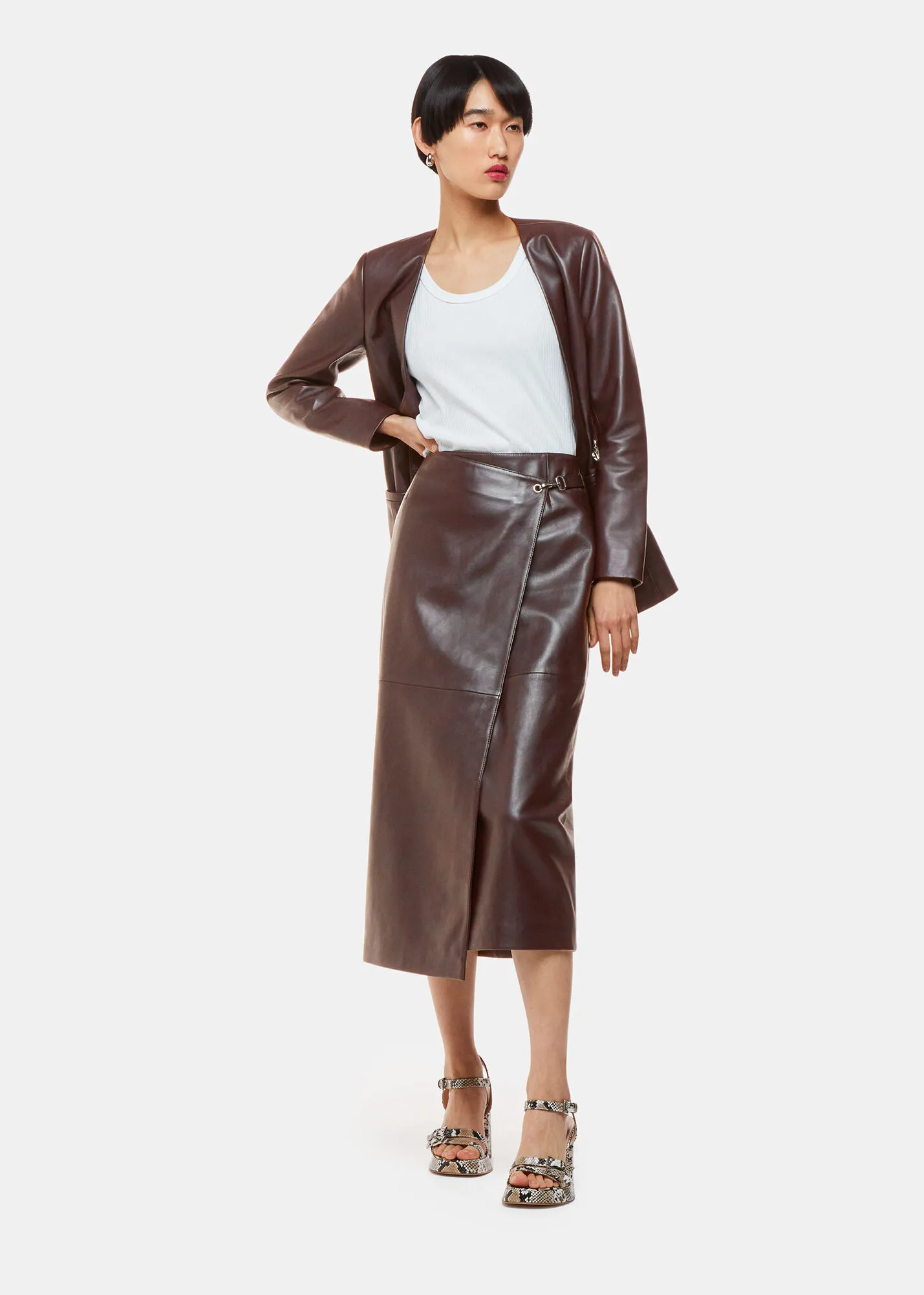 Chocolate Josie Wrap Leather Skirt