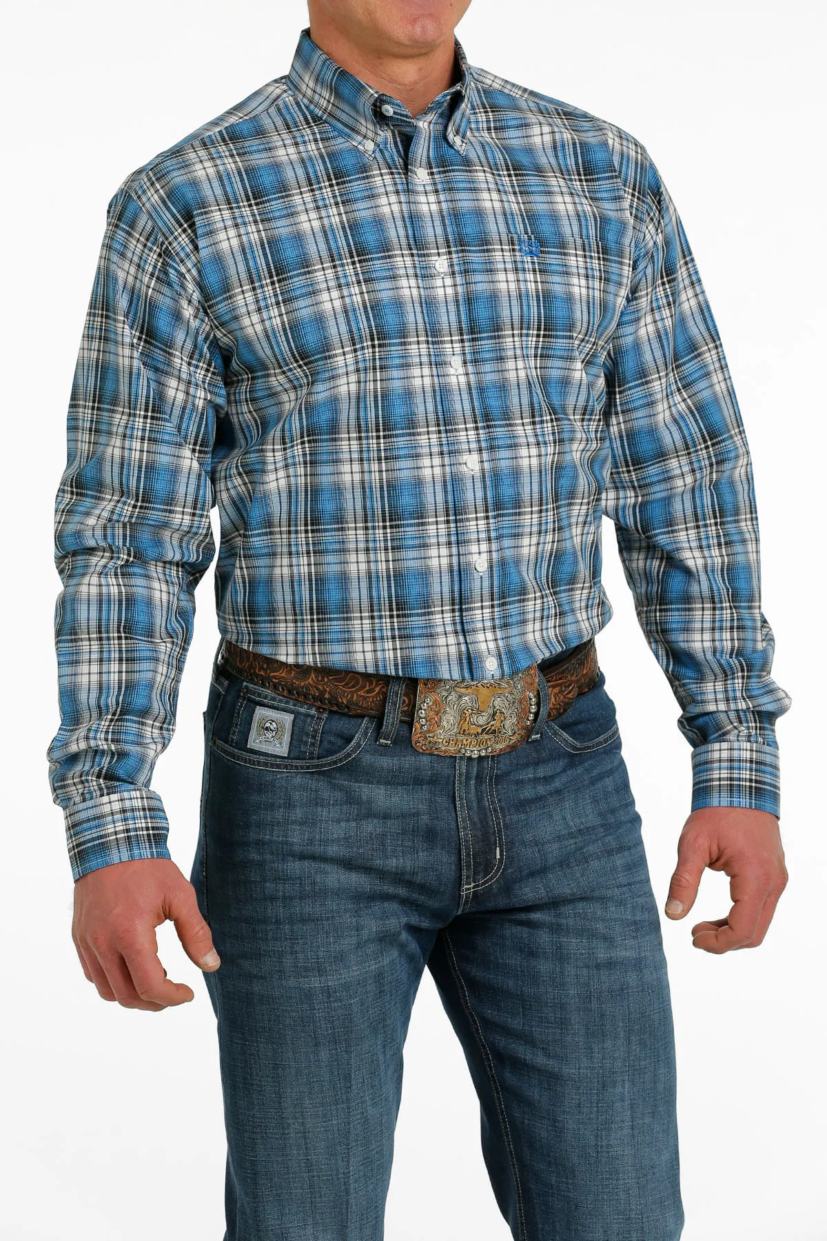 Cinch Mens Blue Plaid Long Sleeve Shirt