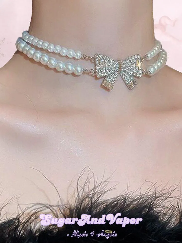 Coquette Bling Bows Pearls Choker