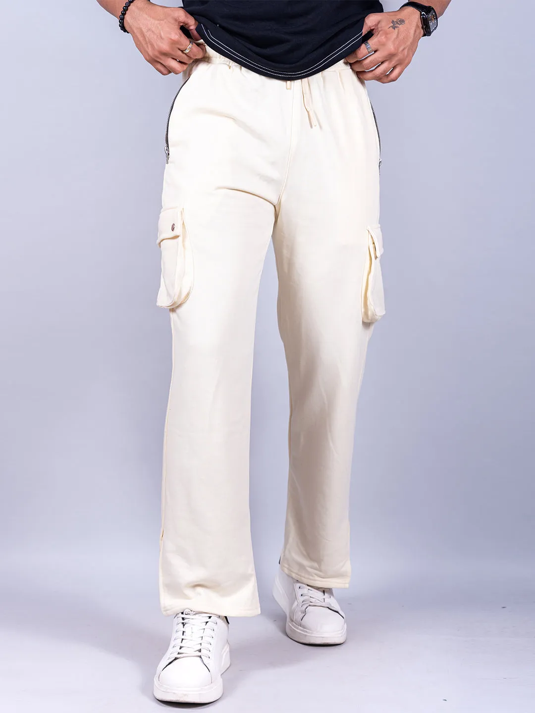 Cream Boot Cut Cargo Track Pants