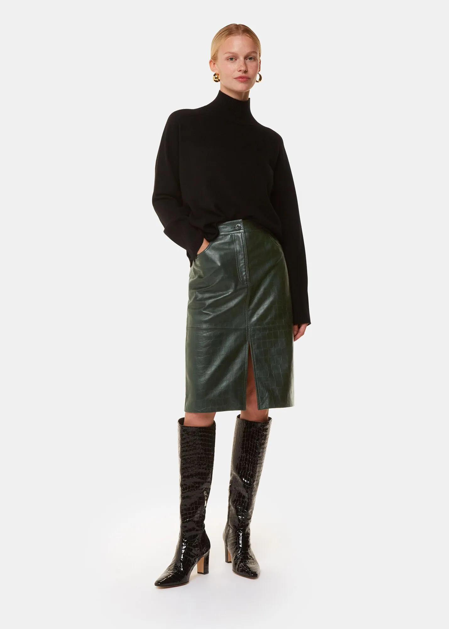 Dark Green Delia Croc Leather Skirt