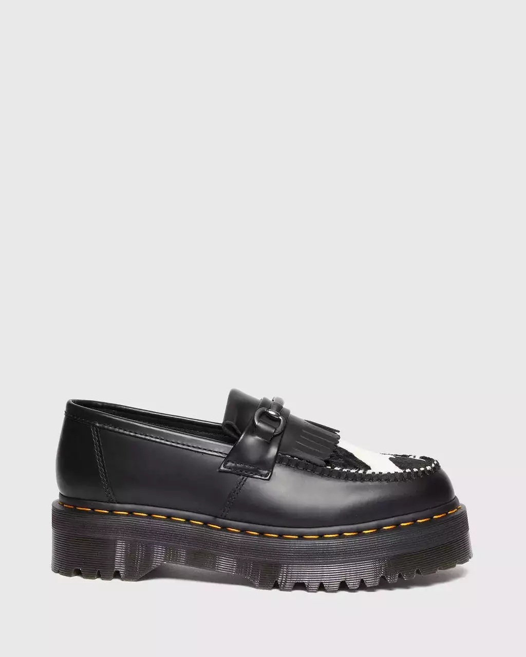 Doc Martens UNISEX ADRIAN SNAFFLE HAIR ON & LEATHER COW PRINT KILTIE LOAFERS (BLACK+COW PRINT SMOOTH+HAIR ON)