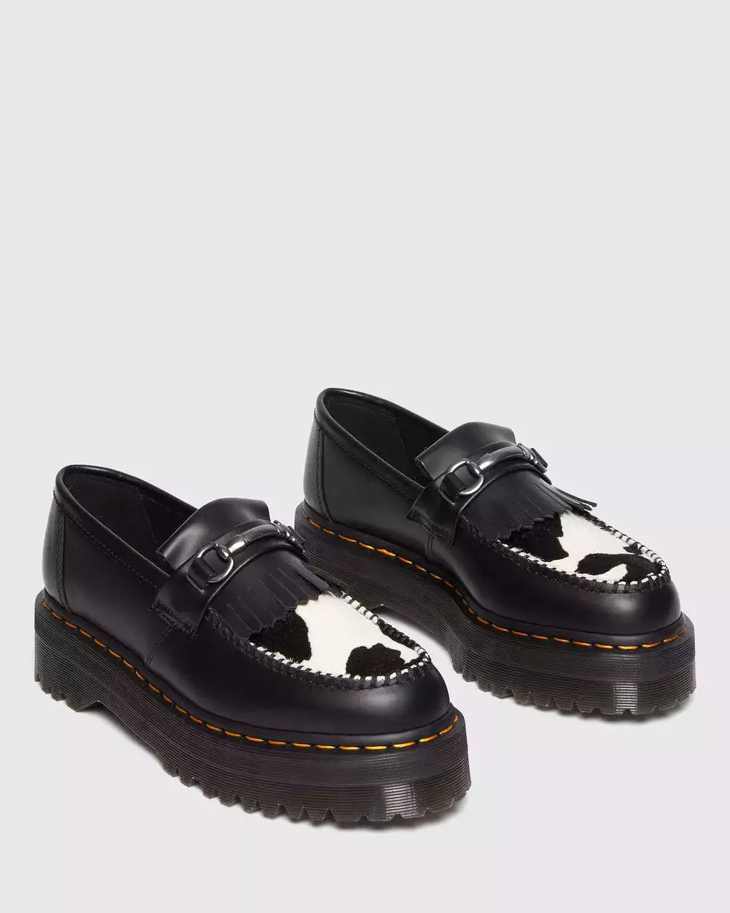 Doc Martens UNISEX ADRIAN SNAFFLE HAIR ON & LEATHER COW PRINT KILTIE LOAFERS (BLACK+COW PRINT SMOOTH+HAIR ON)