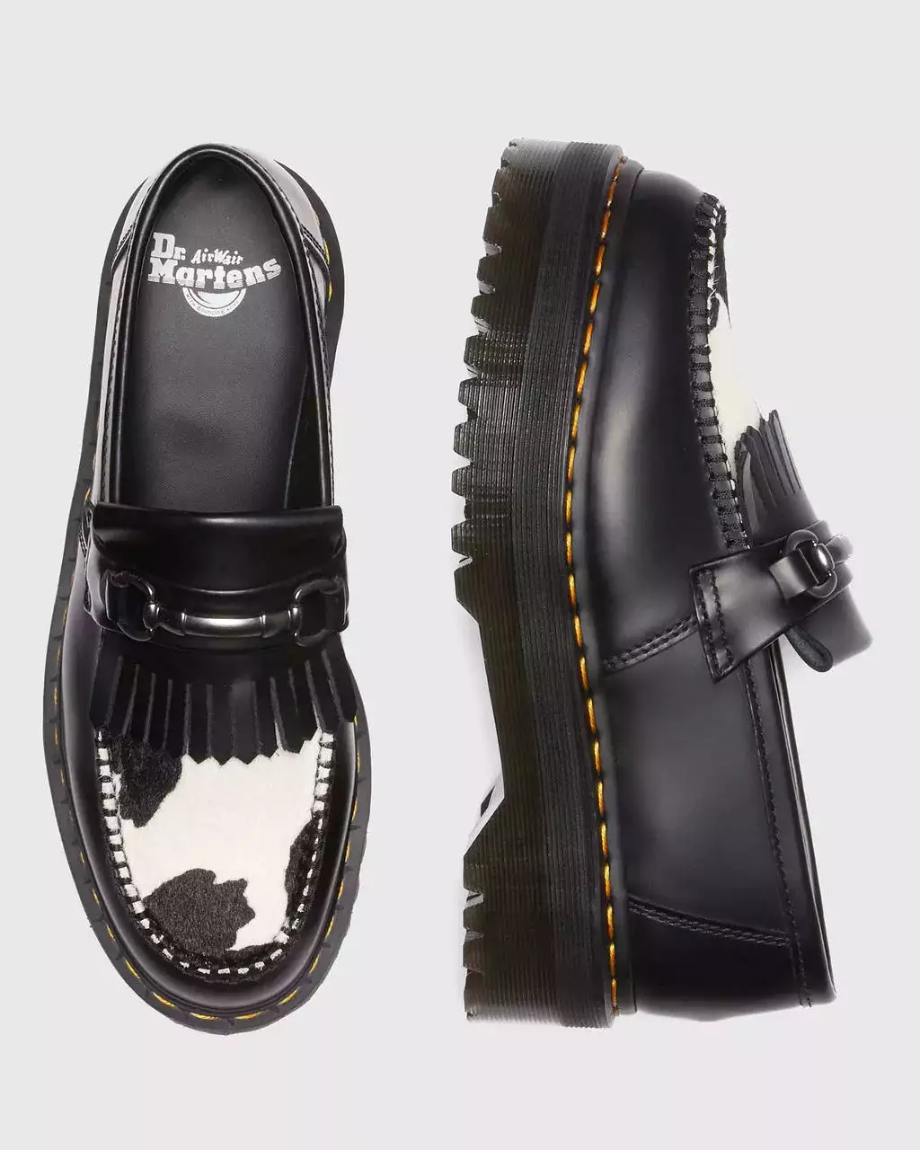 Doc Martens UNISEX ADRIAN SNAFFLE HAIR ON & LEATHER COW PRINT KILTIE LOAFERS (BLACK+COW PRINT SMOOTH+HAIR ON)