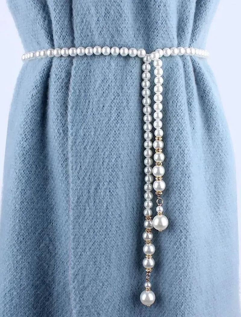 Elastic Long Pearl Strip Waist Belt