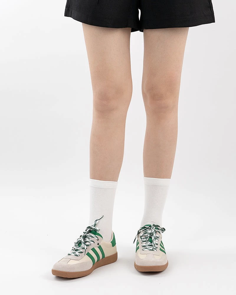 Green and White Suede Leather Flat Sneakers