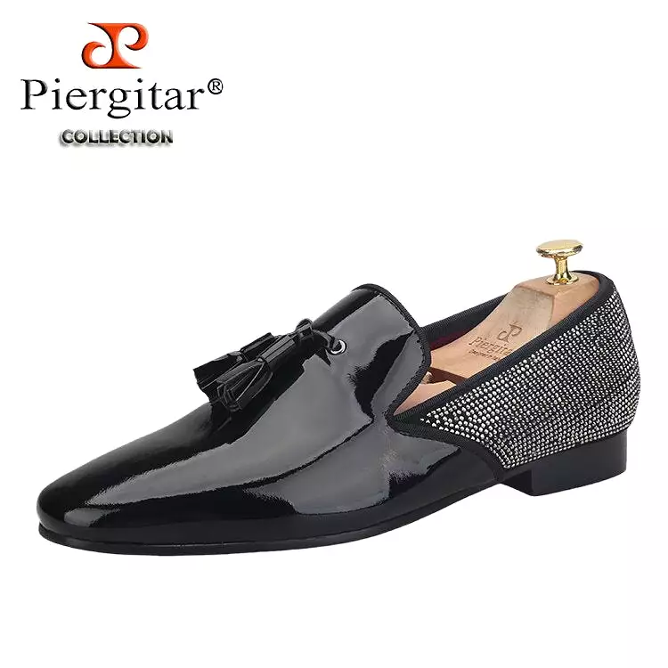 Handmade Black Loafers Classic Stitching Rhinestone Men Flats