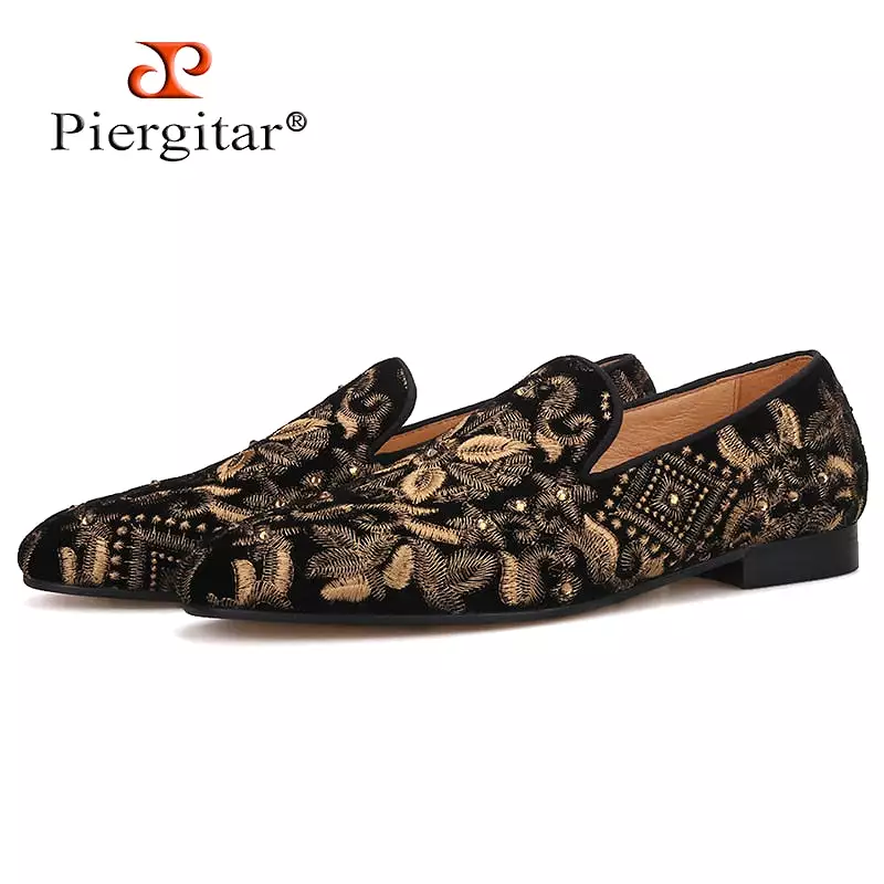 Handmade Men Loafers With Full Gold Embroidery Slip-on Fashion party and wedding men dress shoes smoking slippers