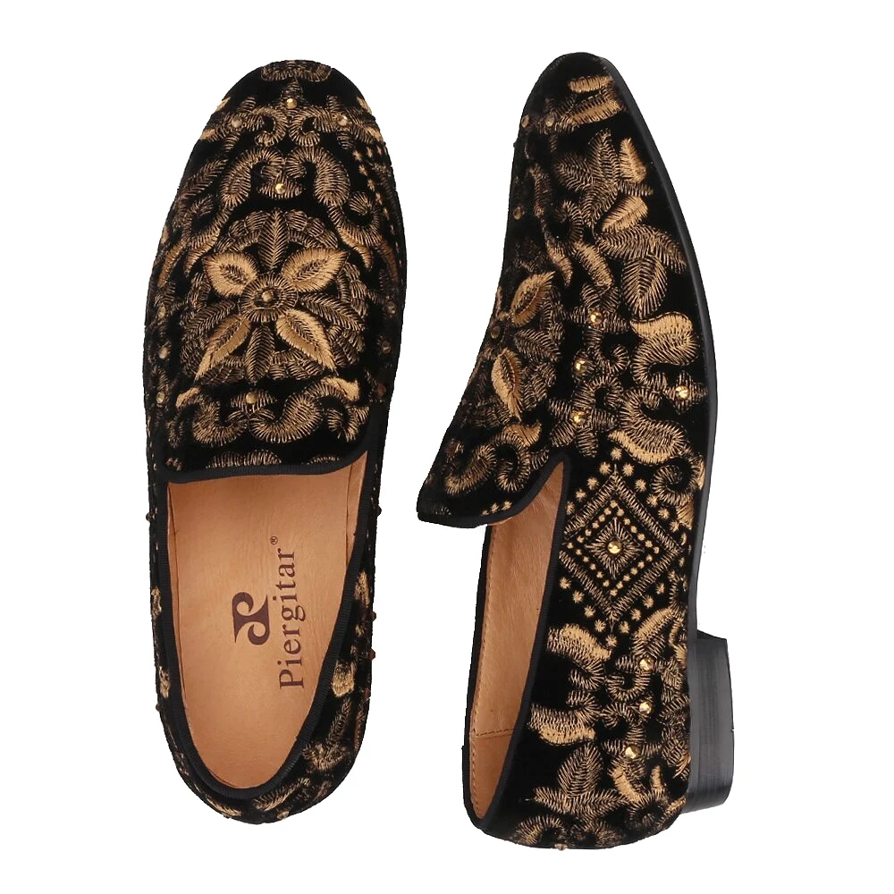 Handmade Men Loafers With Full Gold Embroidery Slip-on Fashion party and wedding men dress shoes smoking slippers