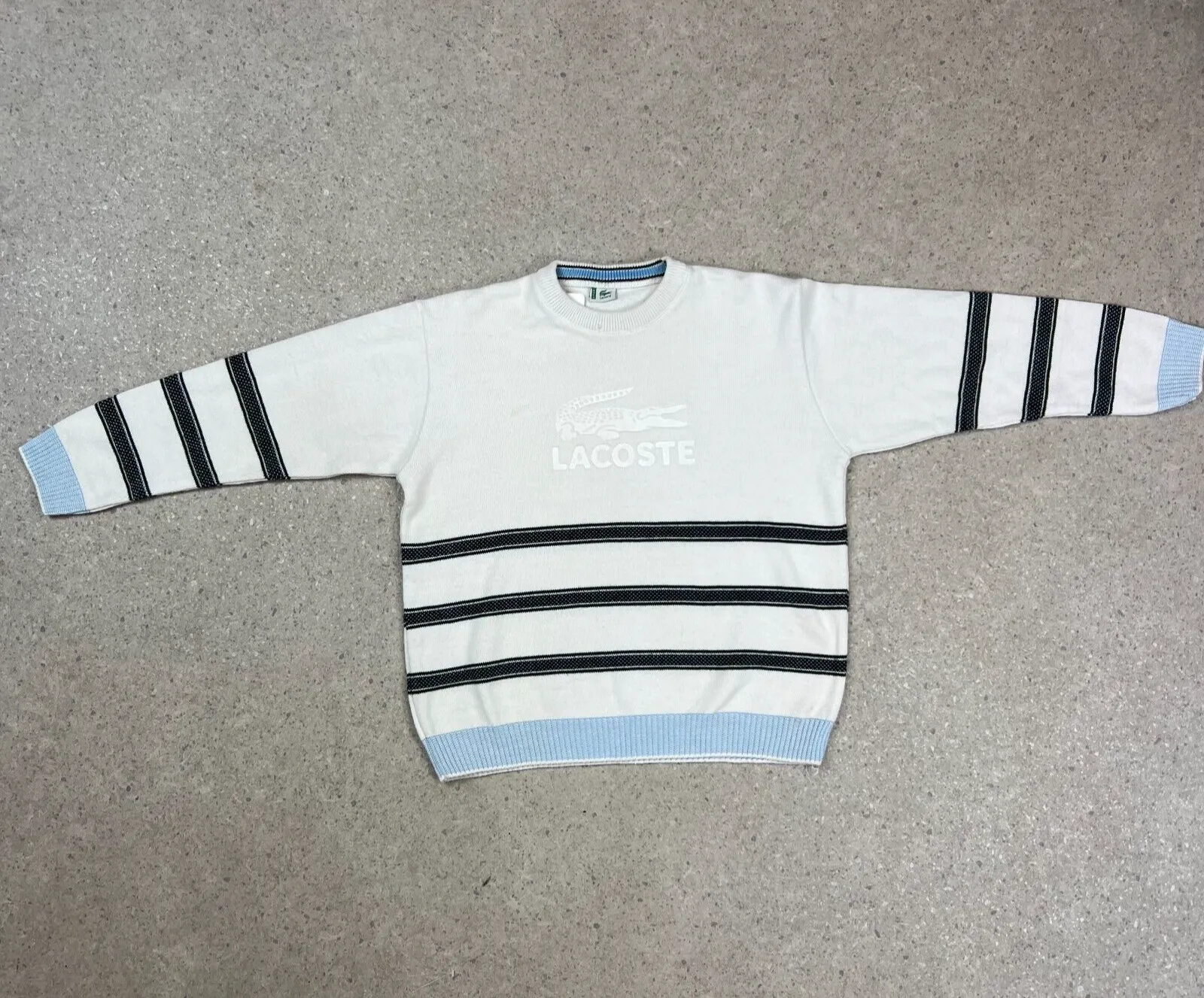 Lacoste Knit Sweater Mens White Black Striped Pullover Long Sleeve - small