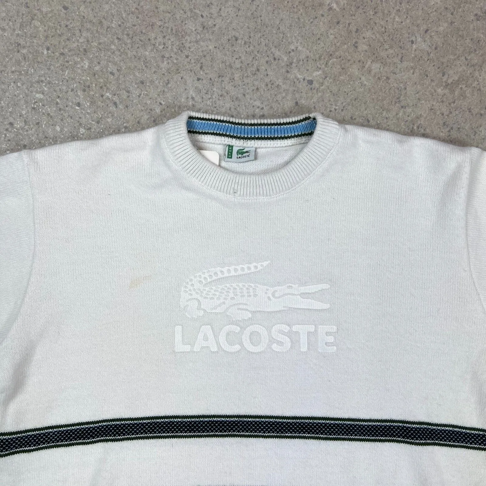 Lacoste Knit Sweater Mens White Black Striped Pullover Long Sleeve - small