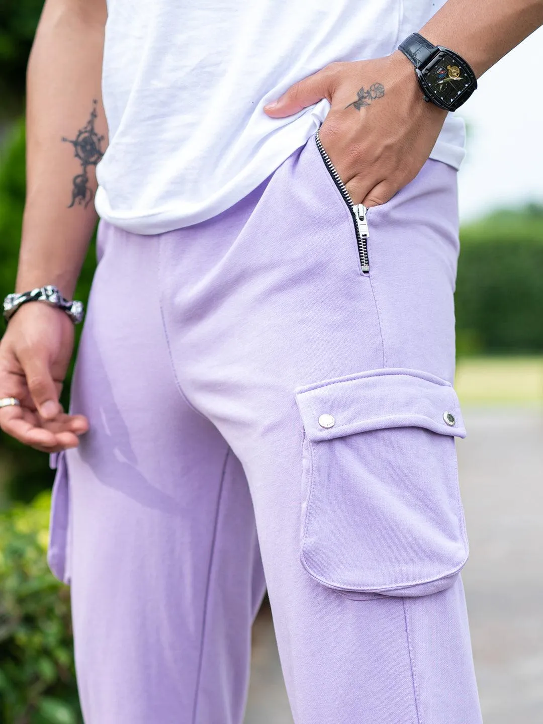 Lavender Boot Cut Straight Cargo Joggers