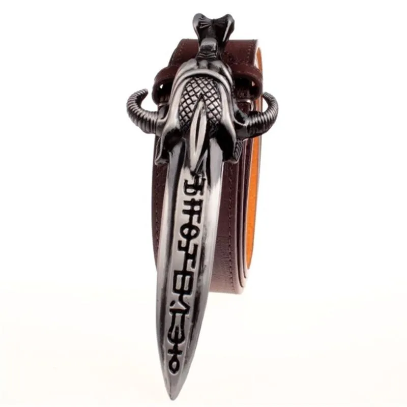 Long Knife Retro Sword Totem Pattern Western Style Buckle Metal Belt for Men