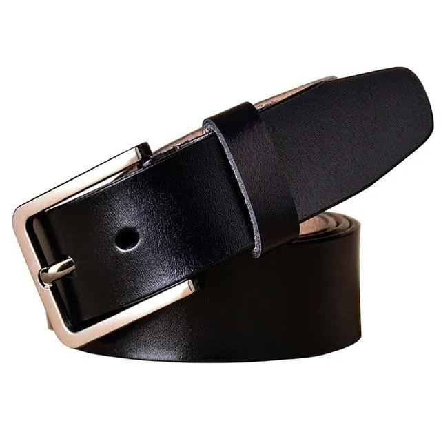 Luxury Female Second Layer Cow Skin Black Leather Strap Pin Buckle Belt on Clearance