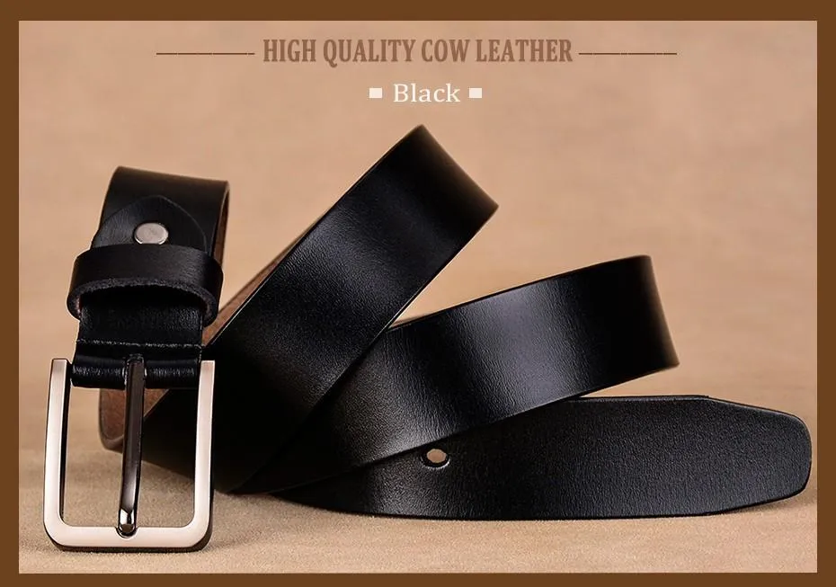 Luxury Female Second Layer Cow Skin Black Leather Strap Pin Buckle Belt on Clearance